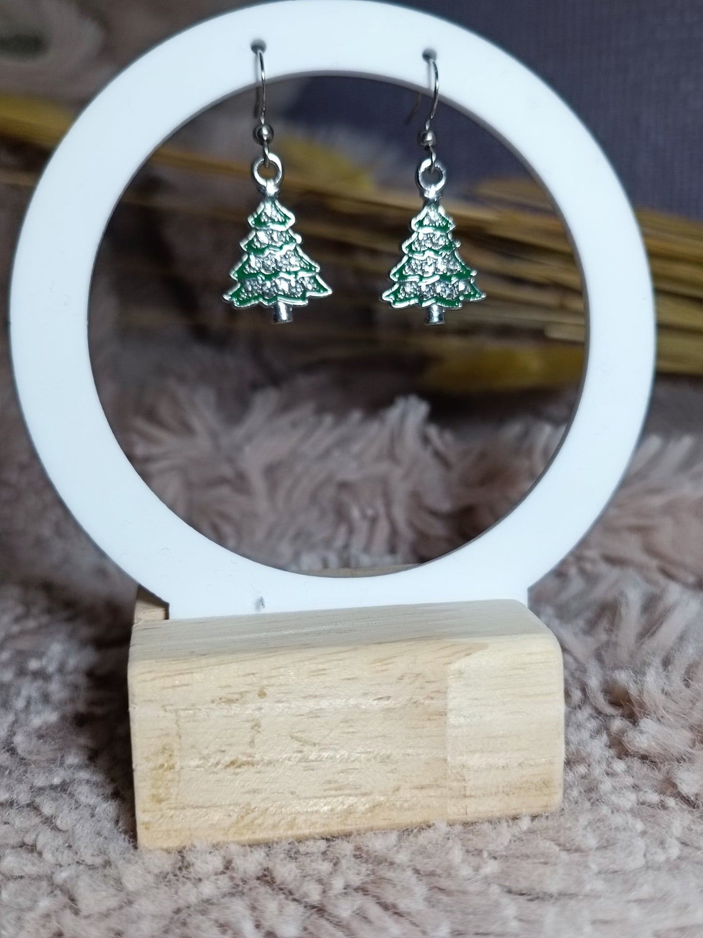 Boucles d'oreilles NOËL sapins argentés vert